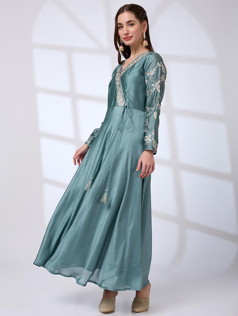 globus women sea green v-neck sequin embroidered detail tassel waist tie-ups flared hem a-line festive maxi dress - 21738645 - Standard Image - 1