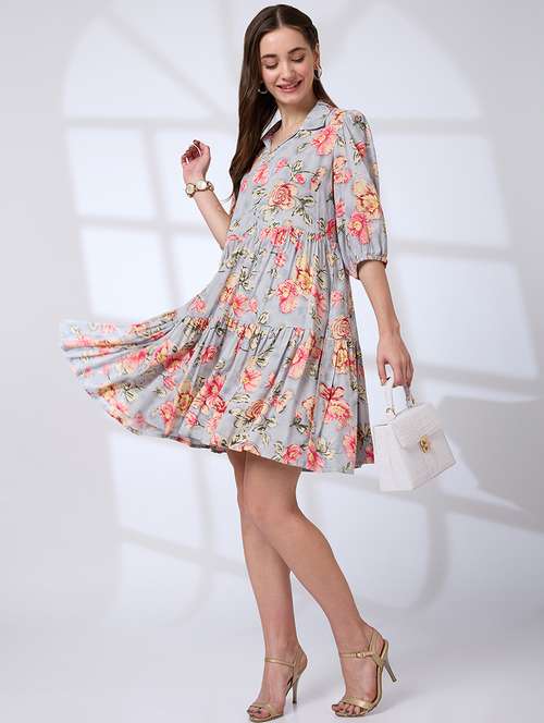 women floral three quarter sleeve tiered dress - 21738646 -  Standard Image - 0