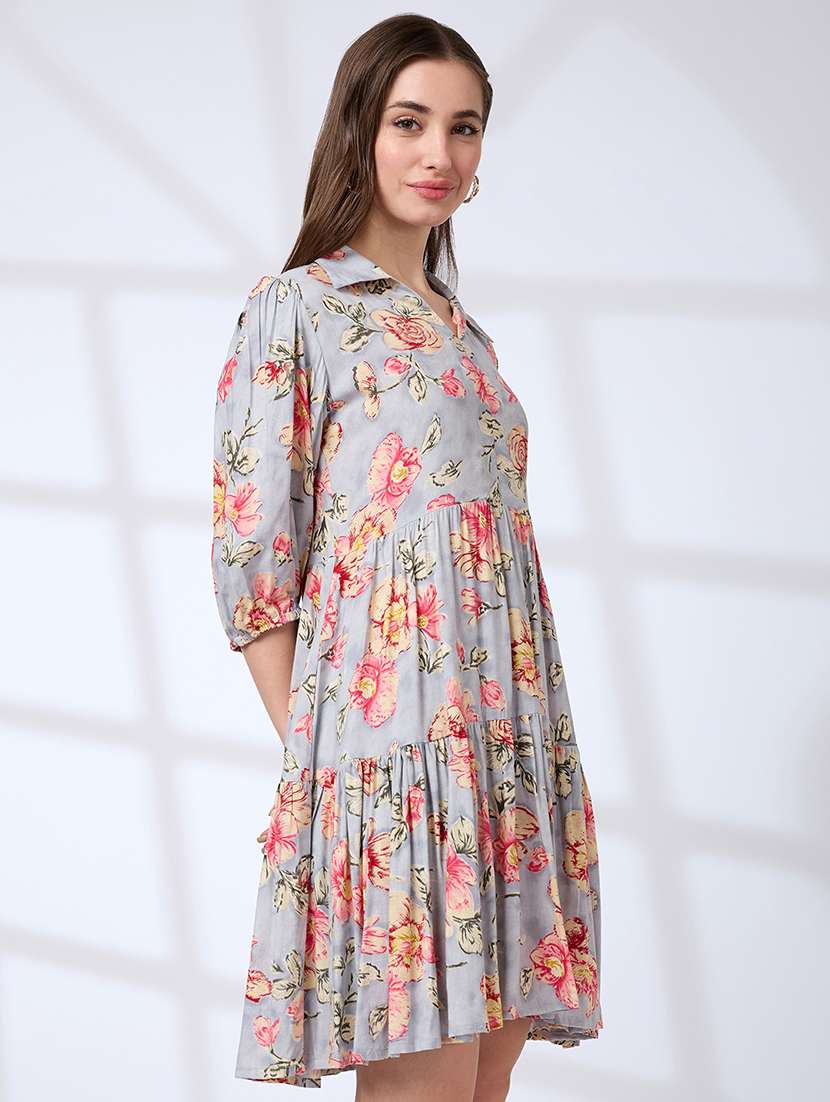 women floral three quarter sleeve tiered dress - 21738646 -  Standard Image - 1