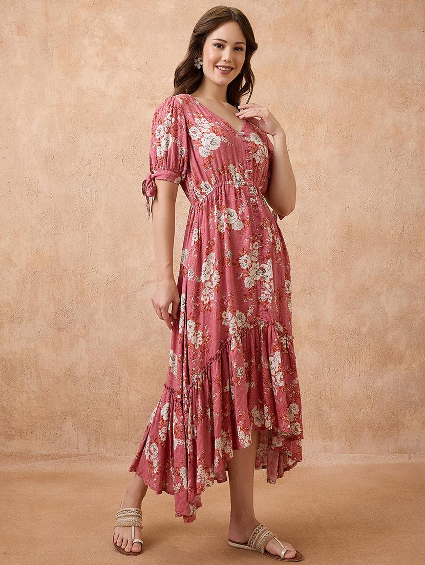 globus women pink floral print v-neck puff sleeves fit and flare midi tiered fusion dress - 21738649 - Standard Image - 1