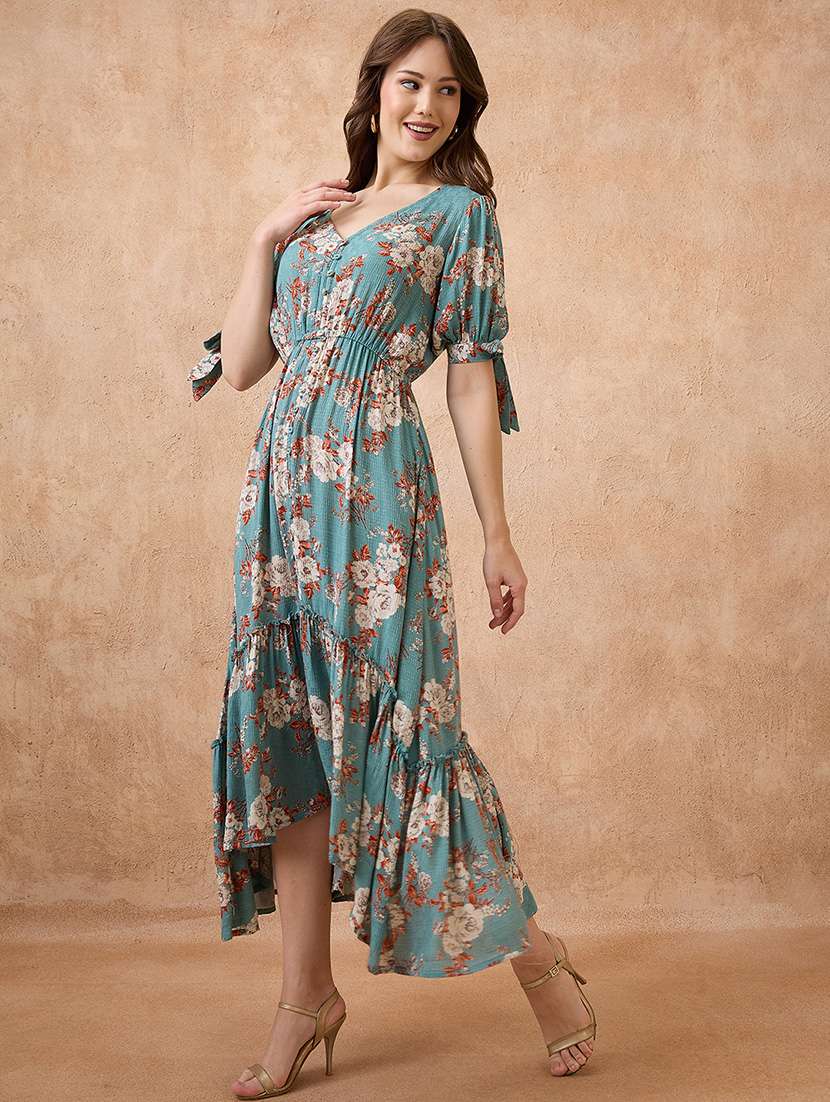 globus women blue floral print v-neck puff sleeves fit and flare midi tiered fusion dress - 21738650 -  Standard Image - 1