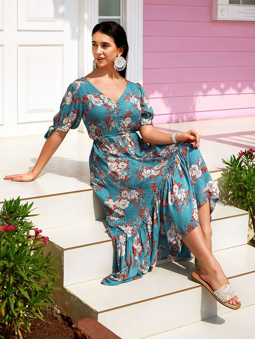 globus women blue floral print v-neck puff sleeves fit and flare midi tiered fusion dress - 21738650 -  Standard Image - 4