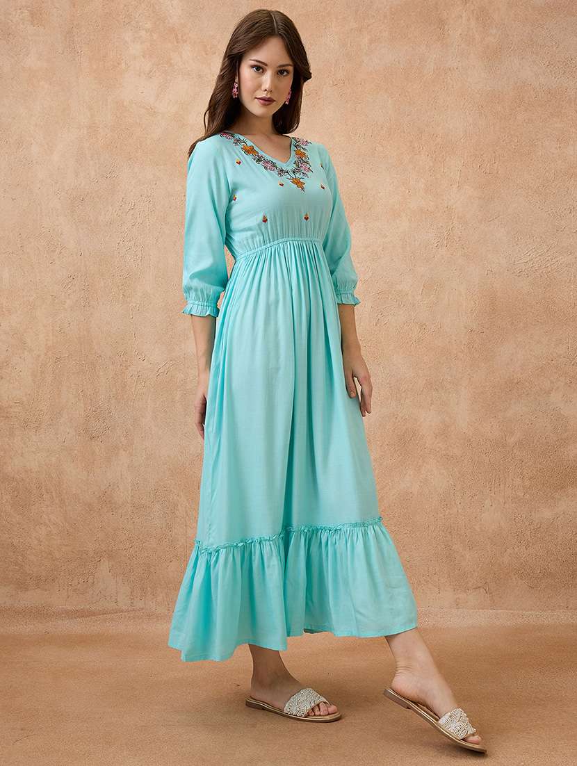 globus women blue v-neck floral embroidered yoke fit and flare tiered maxi fusion dress