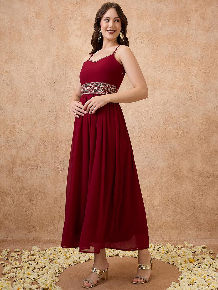 globus women maroon sweetheart neck shoulder strap georgette embroidered waist tie-up tiered a-line maxi festive dress - 21738655 -  Standard Image - 1
