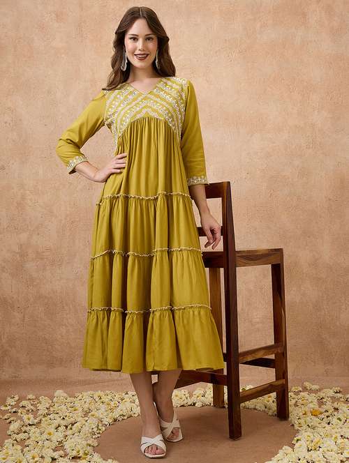 globus women green v-neck floral embroidered yoke flared hem tiered alia cut a-line midi ethnic dress - 21738656 -  Standard Image - 0