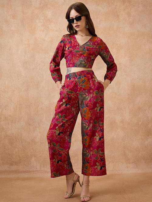 globus women pink v-neck floral print crop top with wide leg pants fusion co-ord set - 21738659 -  Standard Image - 0