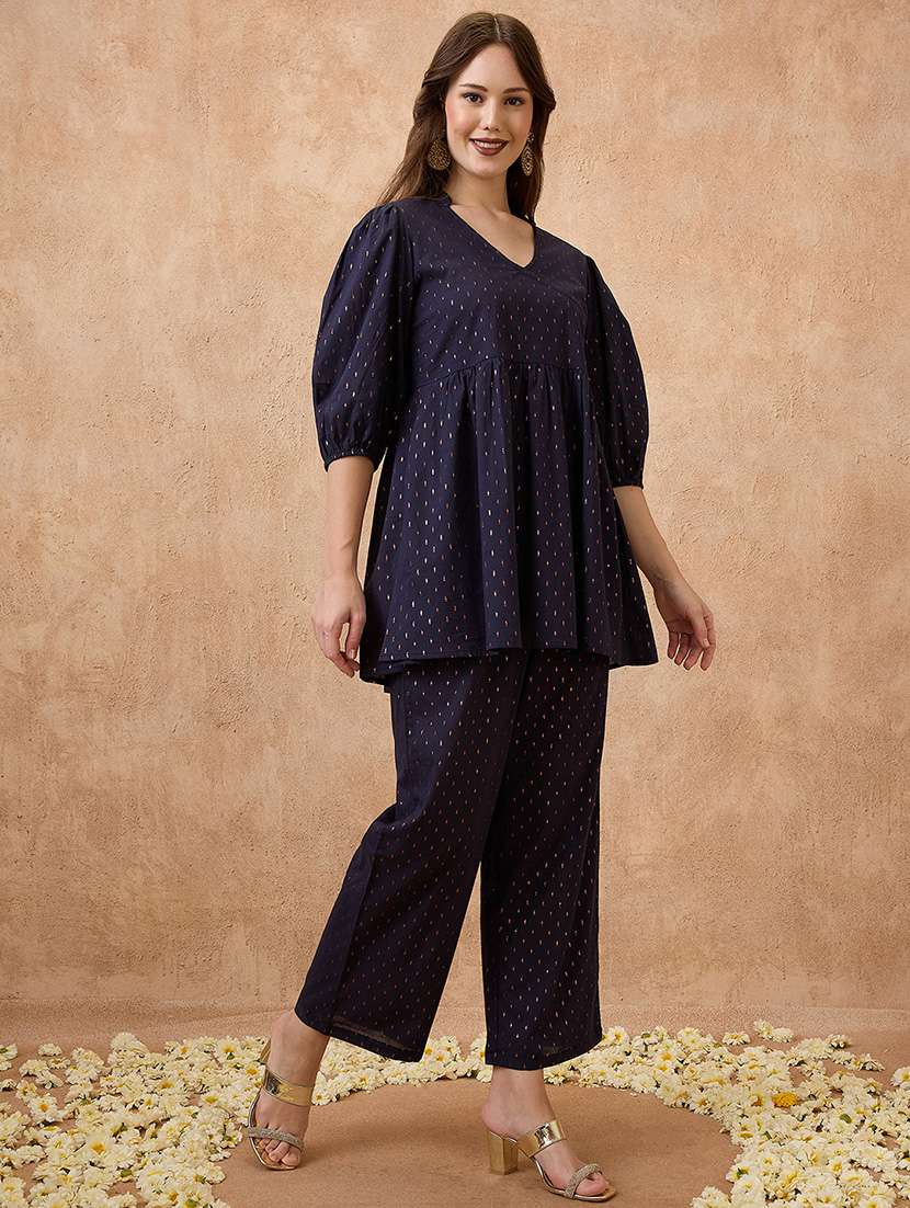 globus women navy blue v-neck bishop sleeve woven design tunic with wide leg pants festive co-ord set