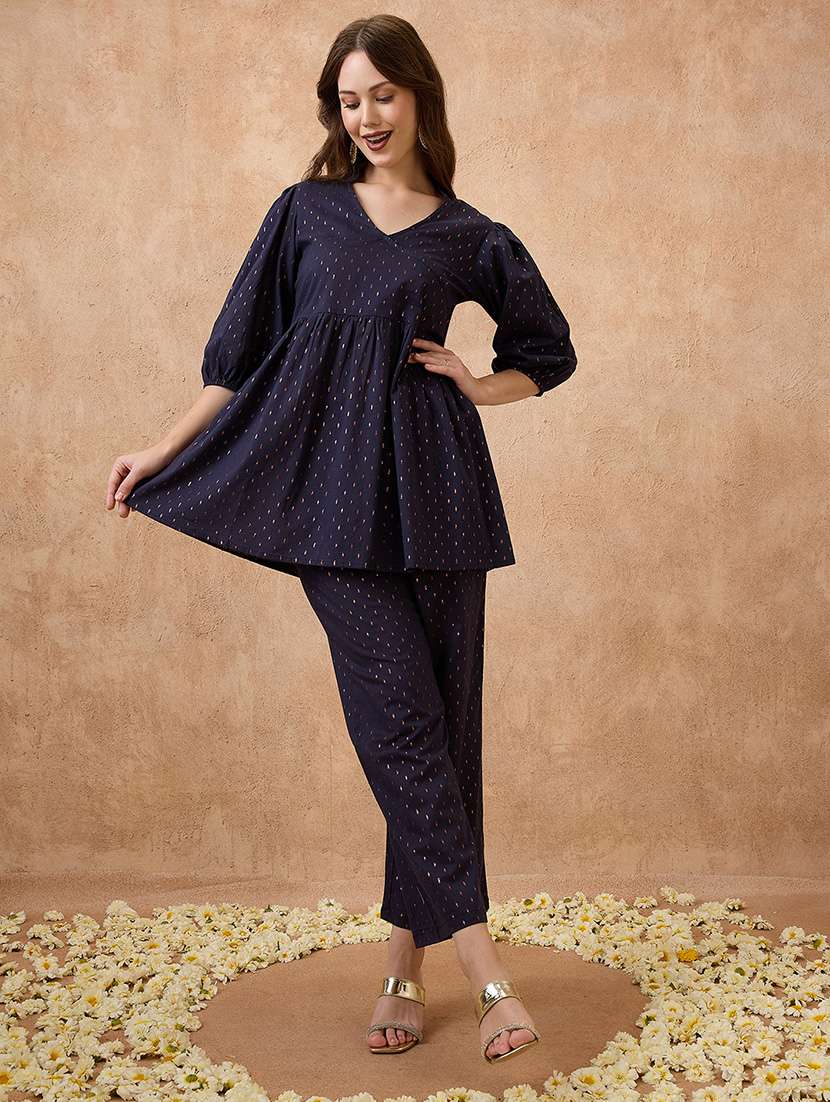 globus women navy blue v-neck bishop sleeve woven design tunic with wide leg pants festive co-ord set - 21738661 -  Standard Image - 1