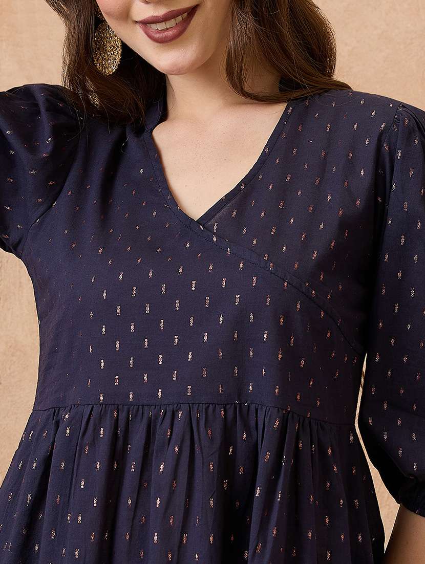 globus women navy blue v-neck bishop sleeve woven design tunic with wide leg pants festive co-ord set - 21738661 -  Standard Image - 4