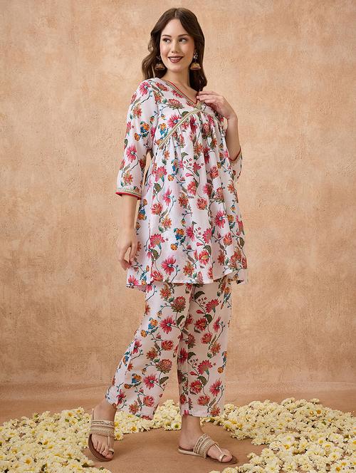 globus women white v-neck gotta patti floral print tunic with wide leg pants festive co-ord set - 21738663 -  Standard Image - 0