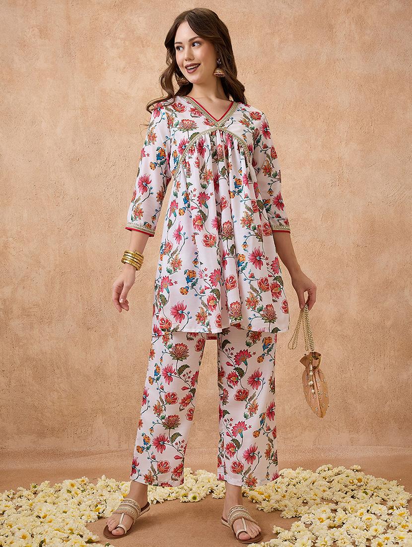 globus women white v-neck gotta patti floral print tunic with wide leg pants festive co-ord set - 21738663 - Standard Image - 1