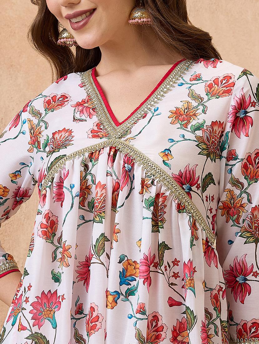 globus women white v-neck gotta patti floral print tunic with wide leg pants festive co-ord set - 21738663 - Standard Image - 4