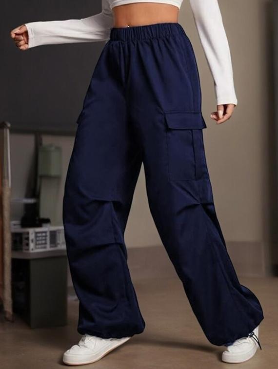 women solid high rise relaxed fit cargo - 21738666 - Standard Image - 1
