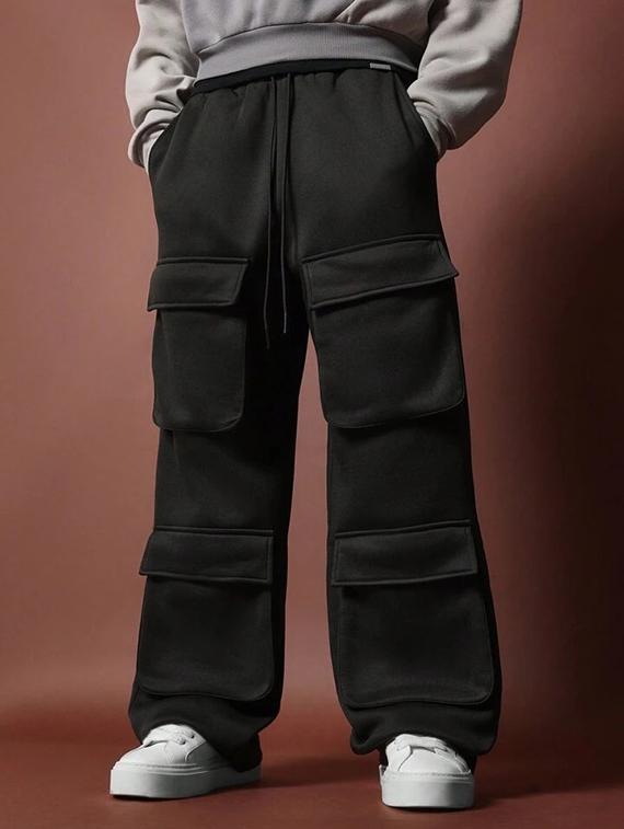 men solid mid rise baggy cargo