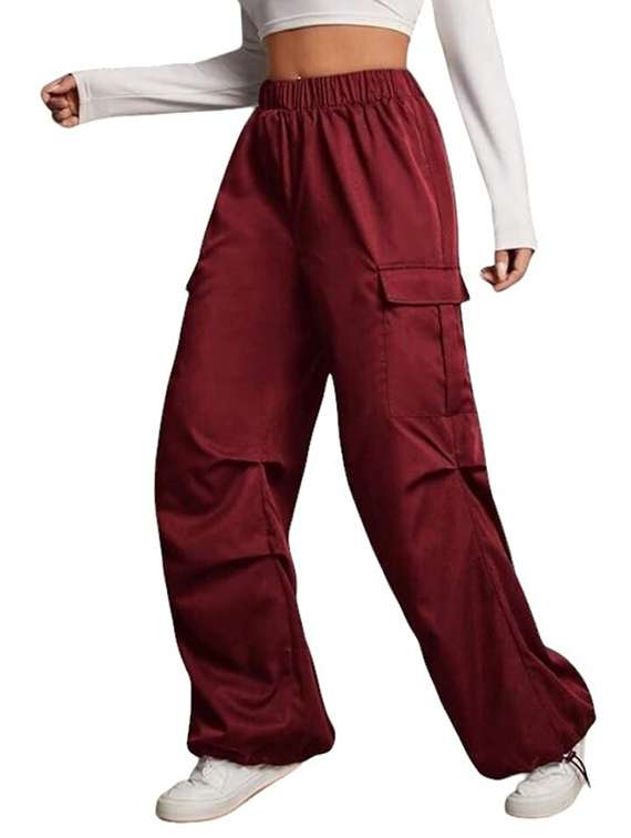 women solid mid rise parachute pants