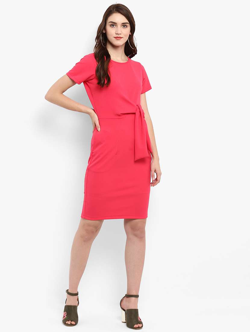 women pink solid round neck sheath dress - 21740002 -  Standard Image - 1