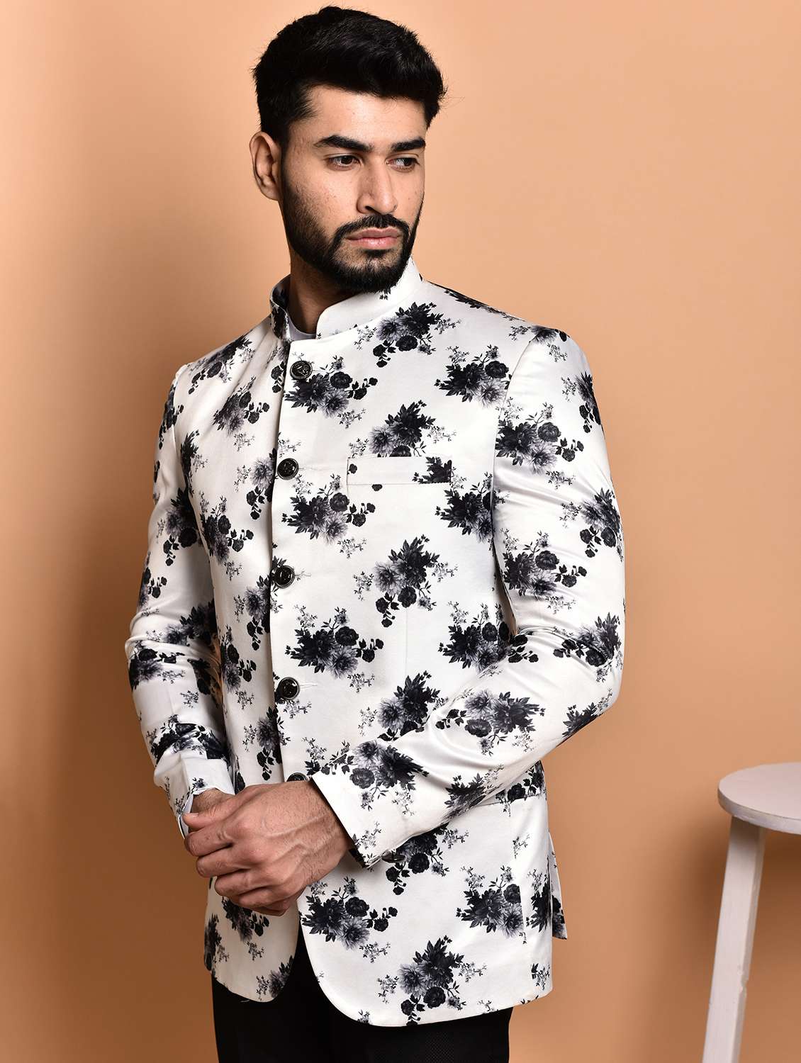 men printed mandarin collar casual blazer - 21740101 -  Standard Image - 1