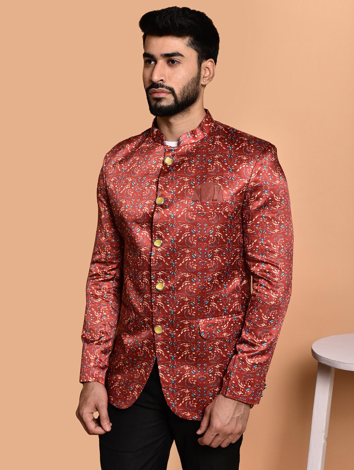 men printed mandarin collar casual blazer - 21740106 - Standard Image - 1