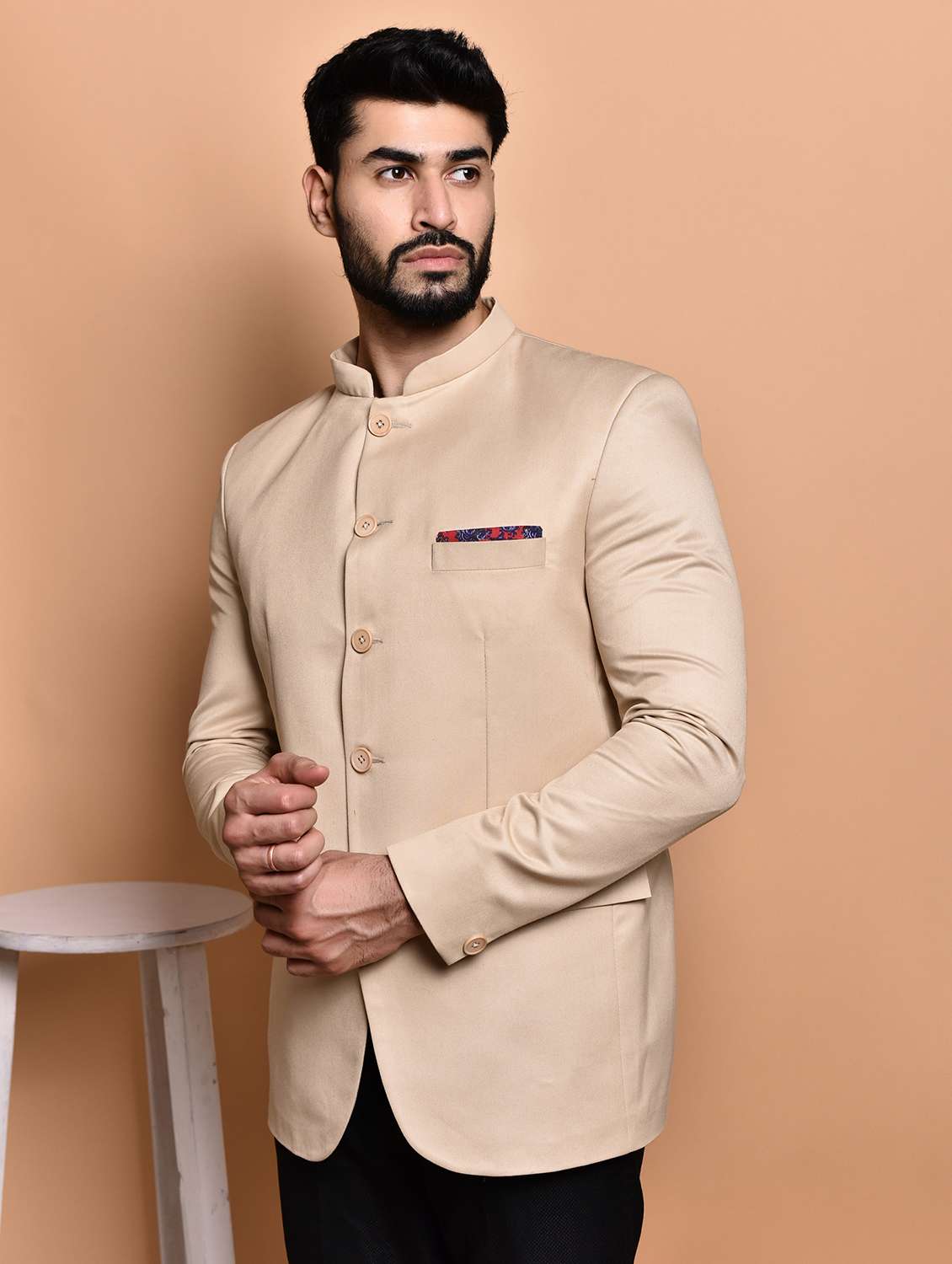 men solid mandarin neck casual blazer - 21740152 -  Standard Image - 1