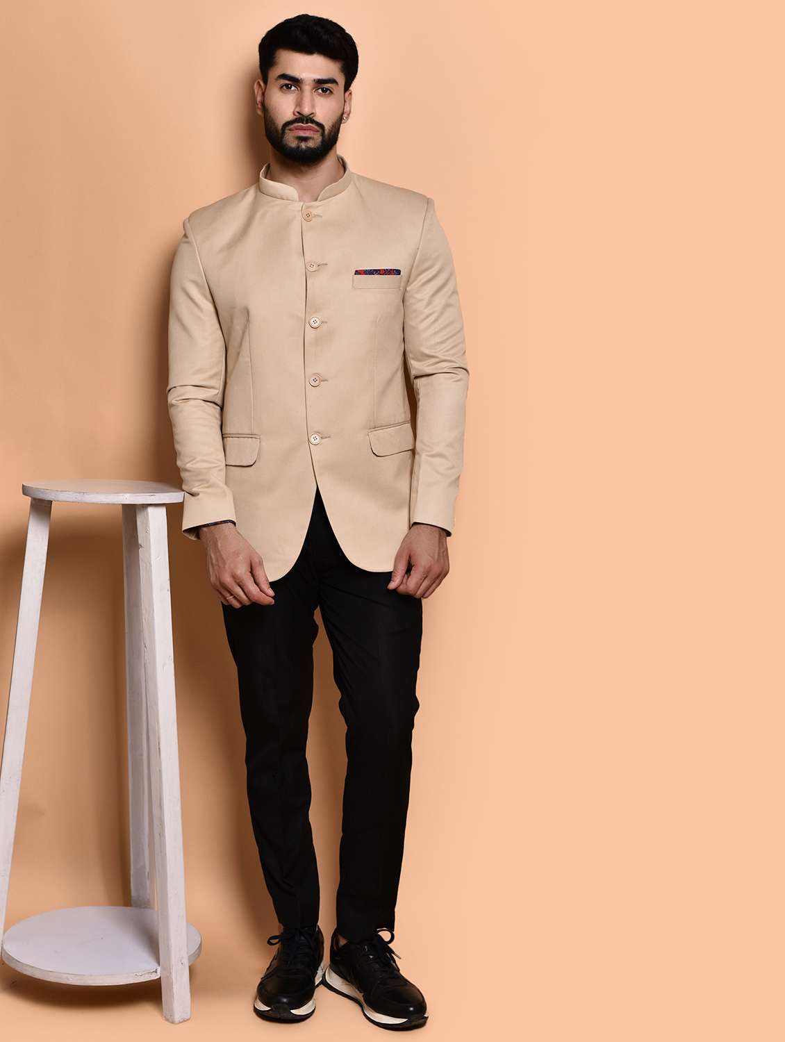 men solid mandarin neck casual blazer - 21740152 -  Standard Image - 4