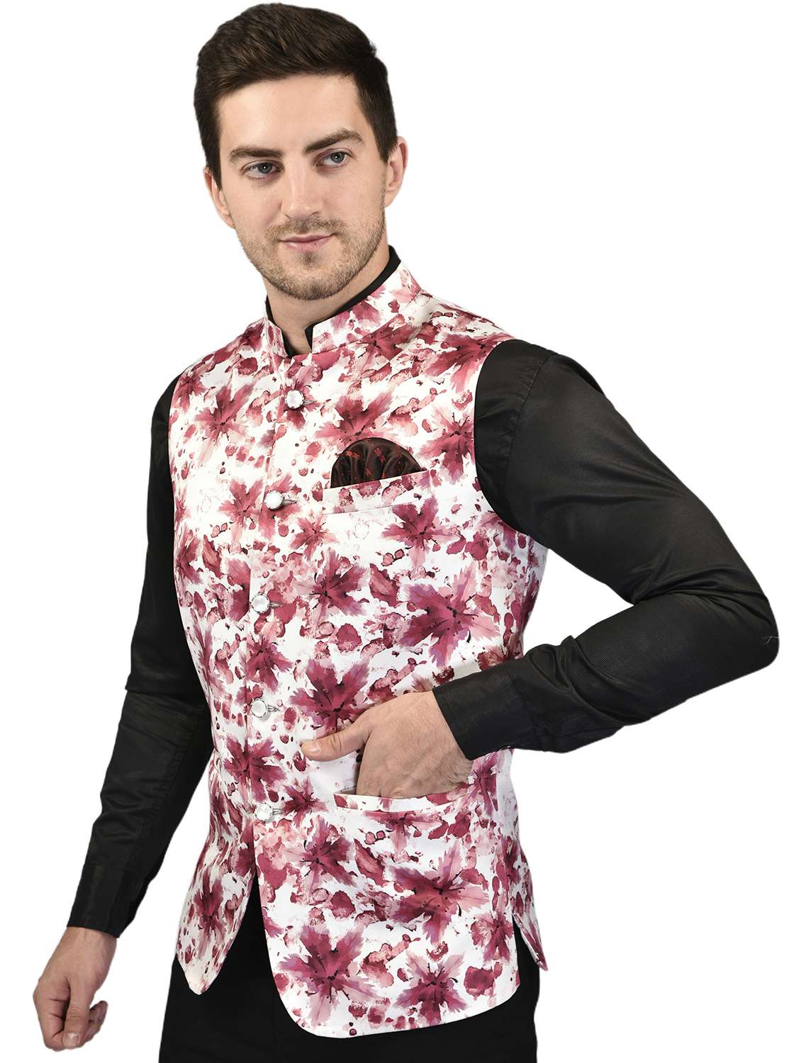 men printed sleeveless nehru jacket - 21740230 -  Standard Image - 1