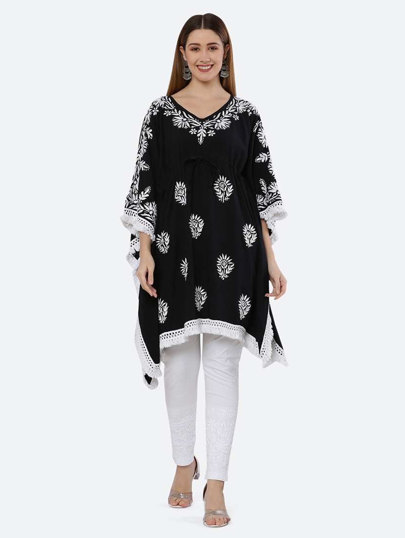 women chikankari work v neck kaftan kurta