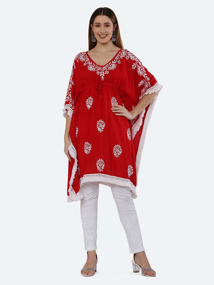 women chikankari work v neck kaftan kurta