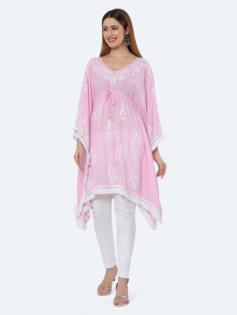 women chikankari work v neck kaftan kurta