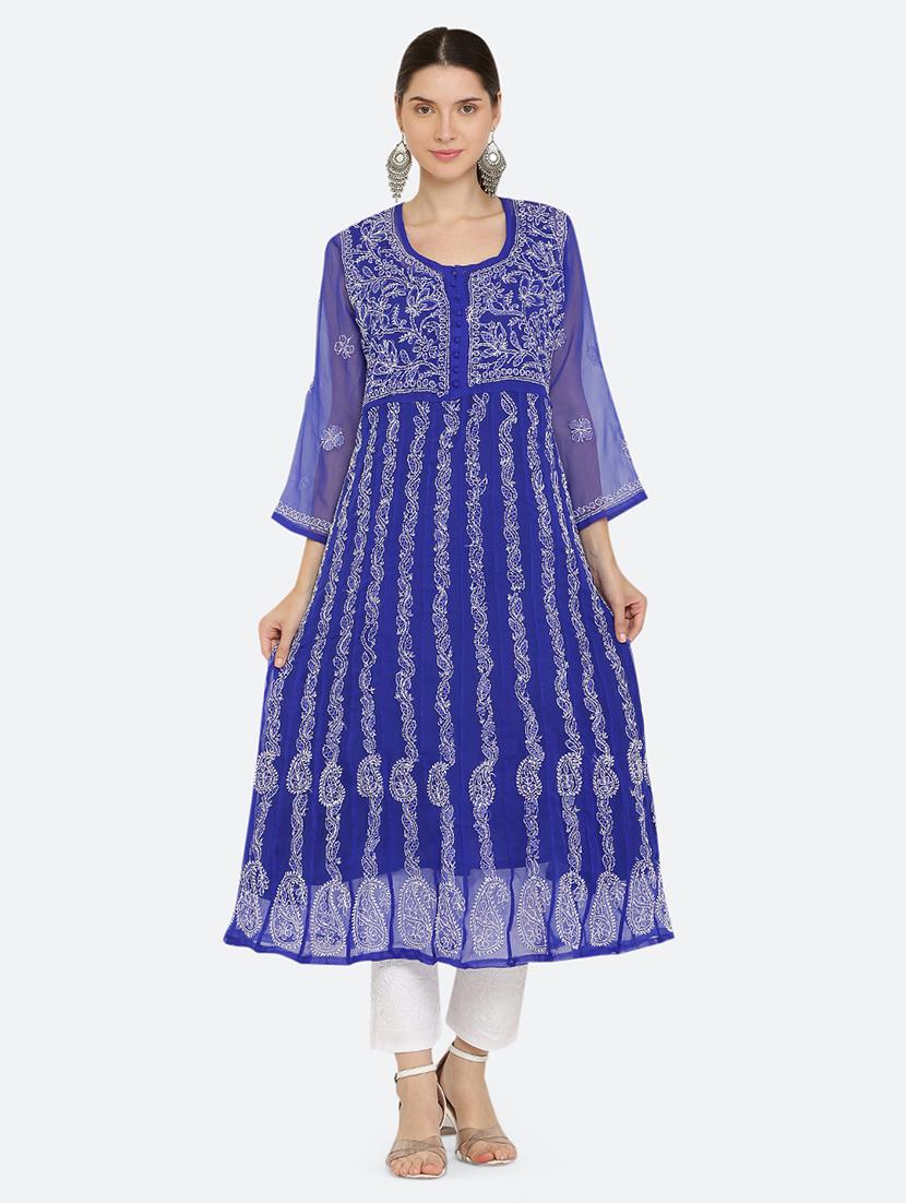 women chikankari embroidered round neck anarkali kurta - 21740260 -  Zoom Image - 0