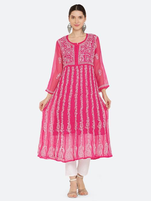 women chikankari embroidered round neck anarkali kurta - 21740261 - Standard Image - 0