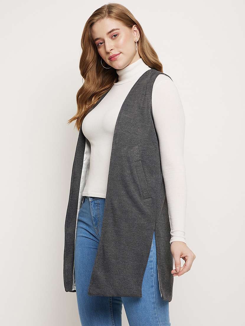 women solid sleeveless long shrug  - 21740387 -  Standard Image - 1