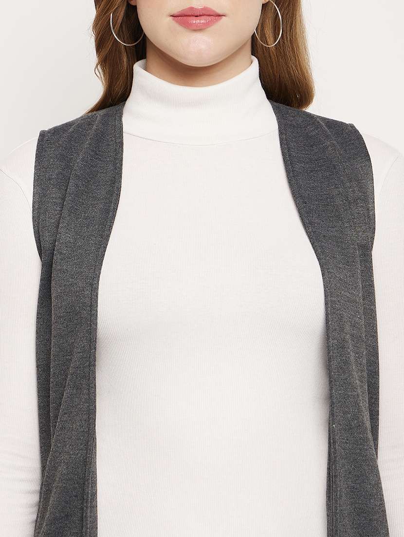 women solid sleeveless long shrug - 21740387 - Standard Image - 4