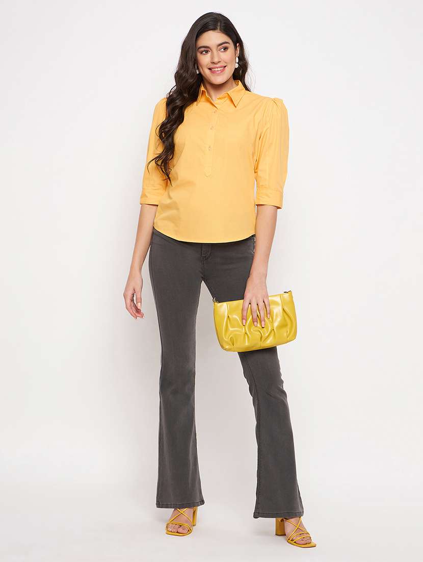 women solid collared puff sleeves shirt top - 21740435 -  Standard Image - 4