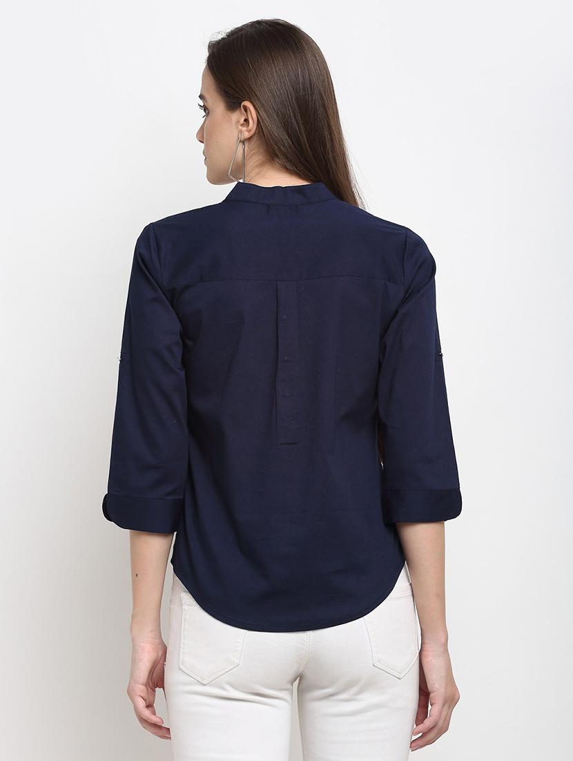 women solid roll up sleeves regular top - 21740437 - Standard Image - 1
