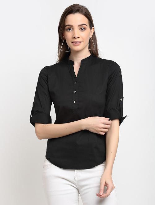 women solid roll up sleeves regular top - 21740438 - Standard Image - 0