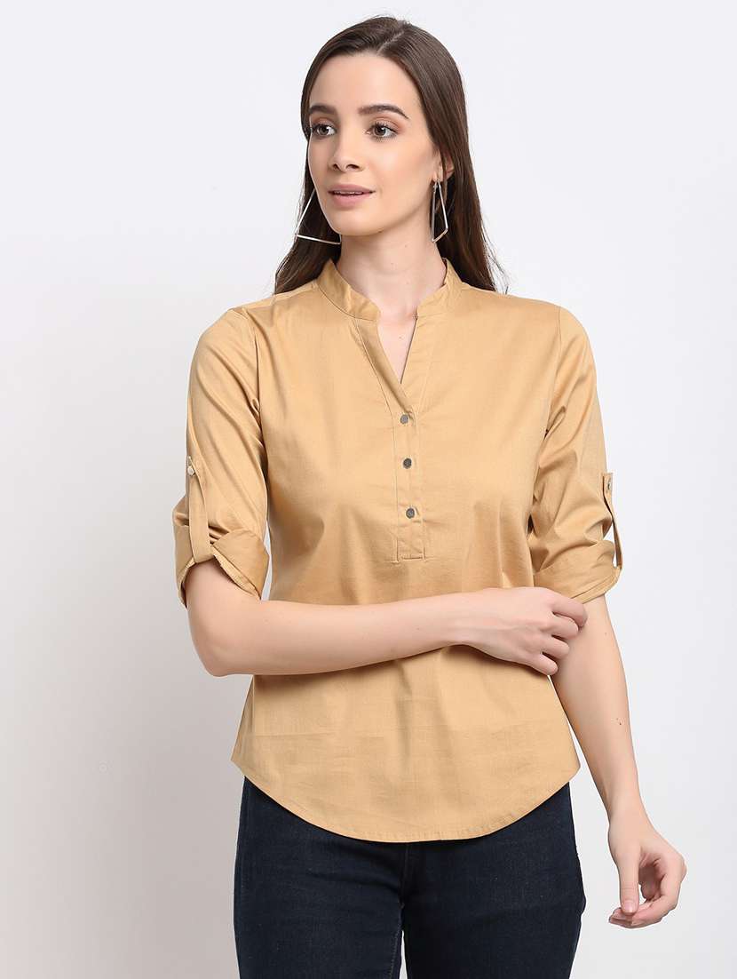 women solid roll up sleeves regular top