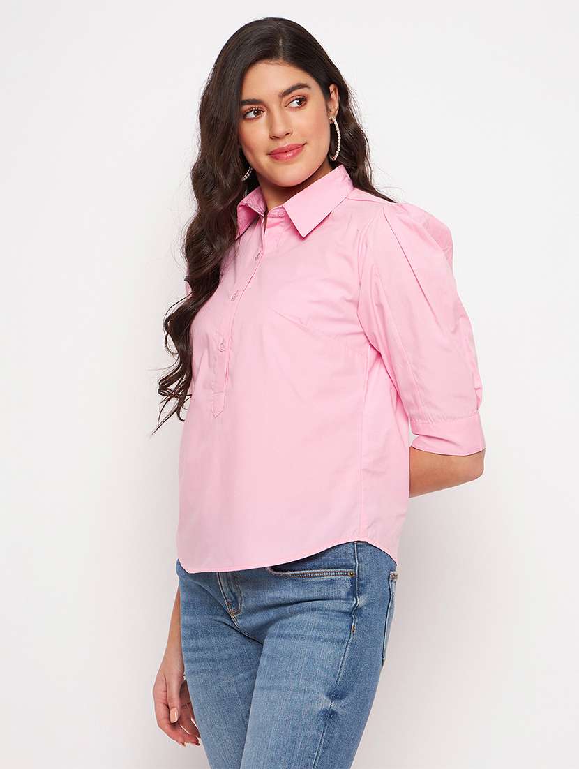 women solid collared puff sleeves shirt top - 21740441 -  Standard Image - 1