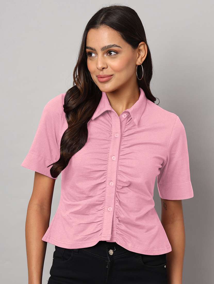 women solid collared shirt sleeves crop shirt
