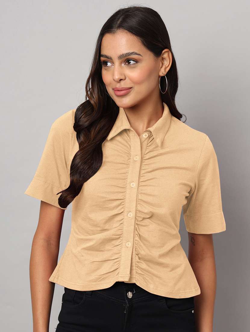 women solid collared shirt sleeves crop shirt
