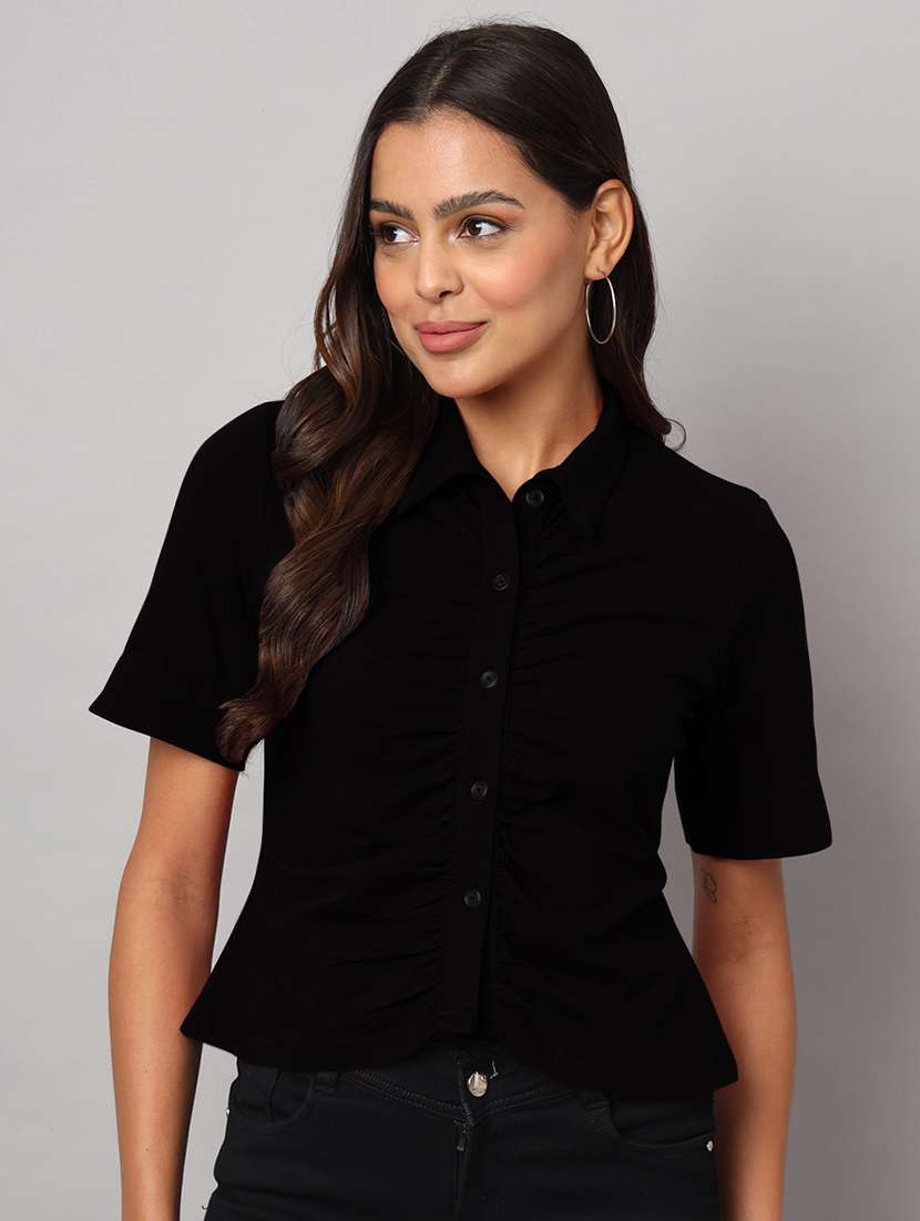 women solid collared shirt sleeves crop shirt