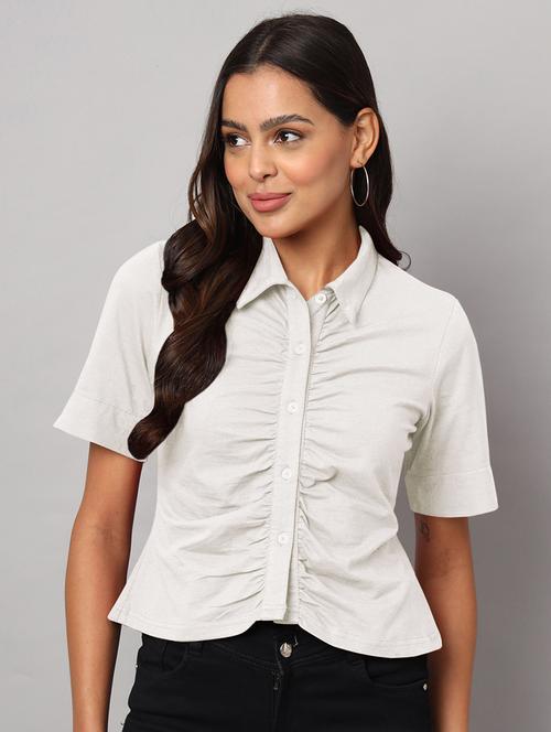 women solid collared shirt sleeves crop shirt - 21740451 - Standard Image - 0