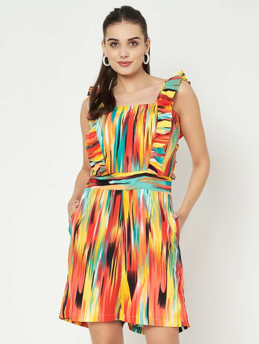 women printed ruffle detailed sleeveless romper