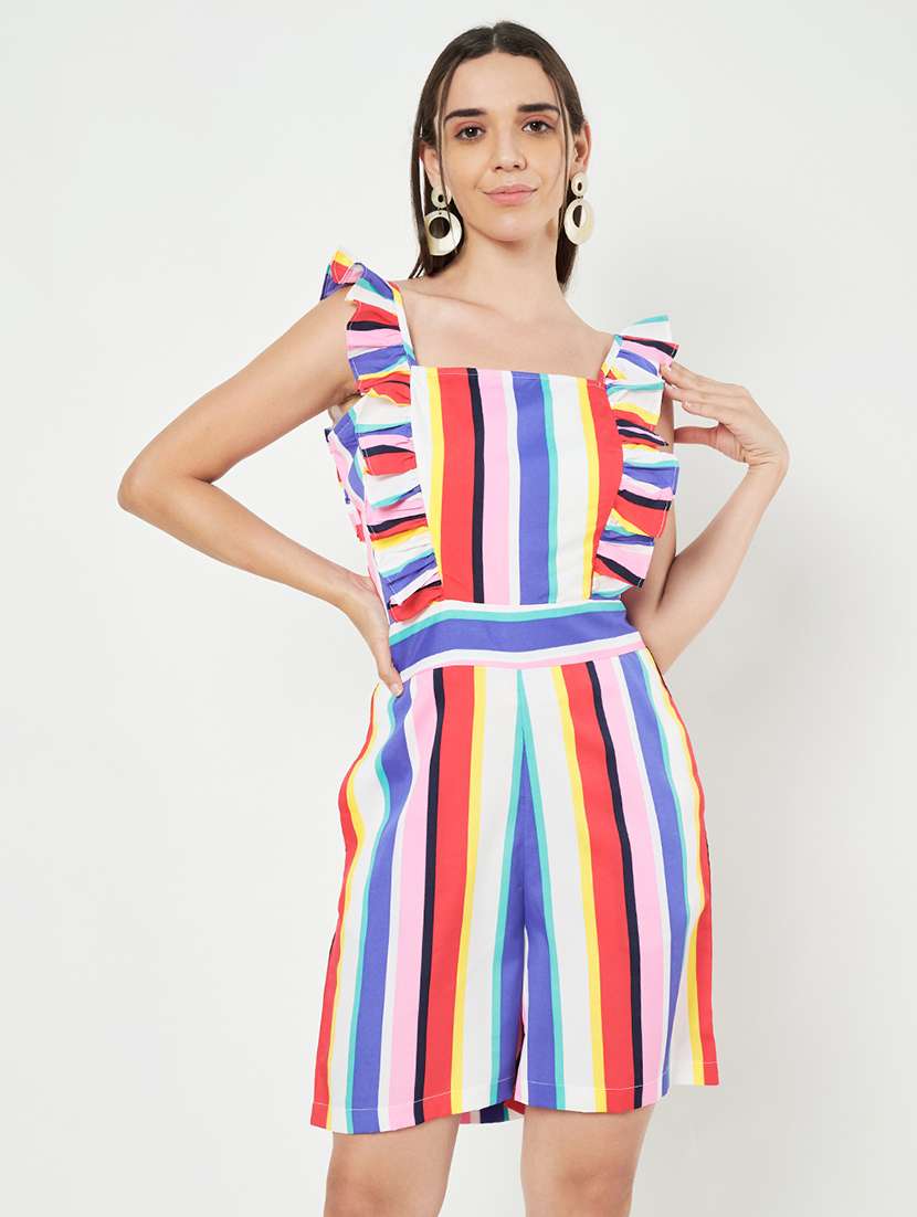 women printed ruffle detailed sleeveless romper