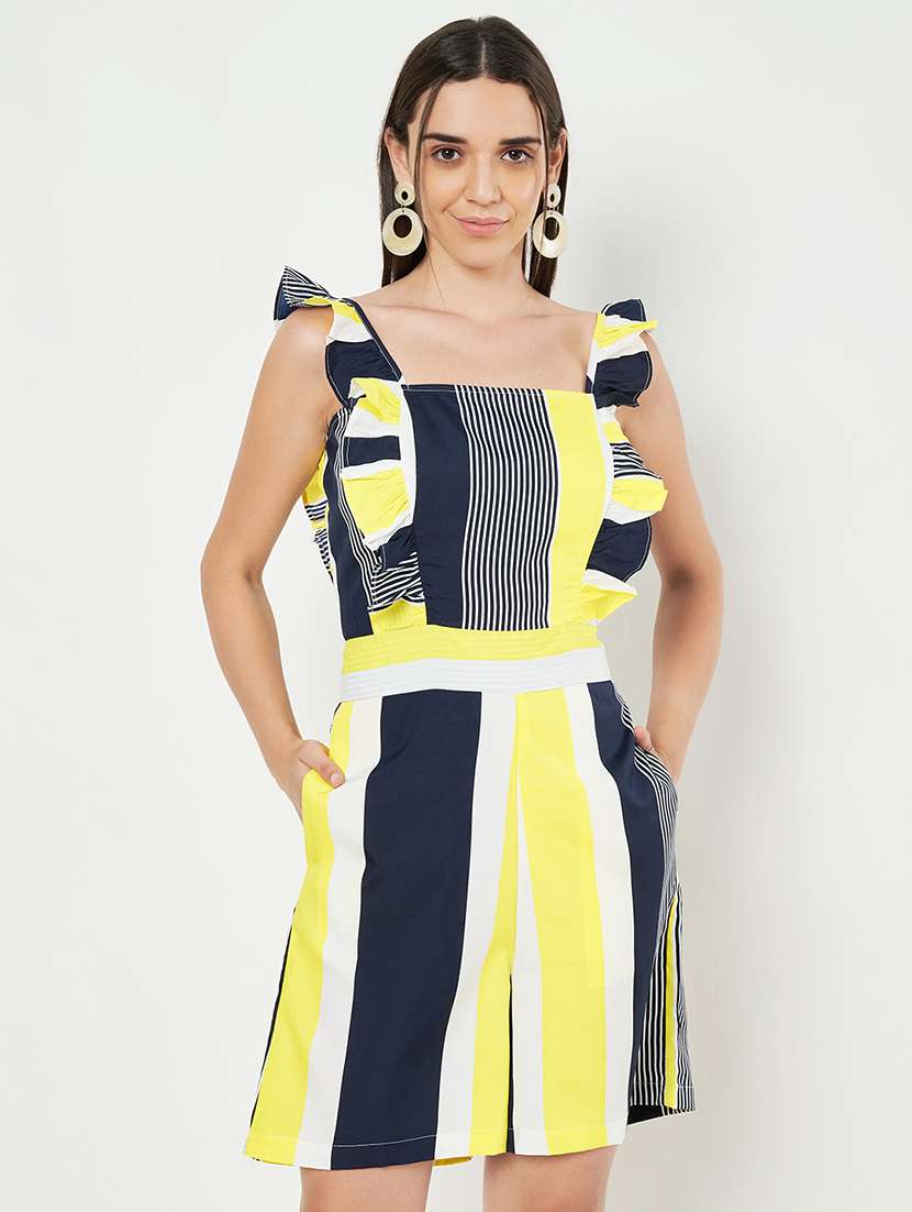 women printed ruffle detailed sleeveless romper