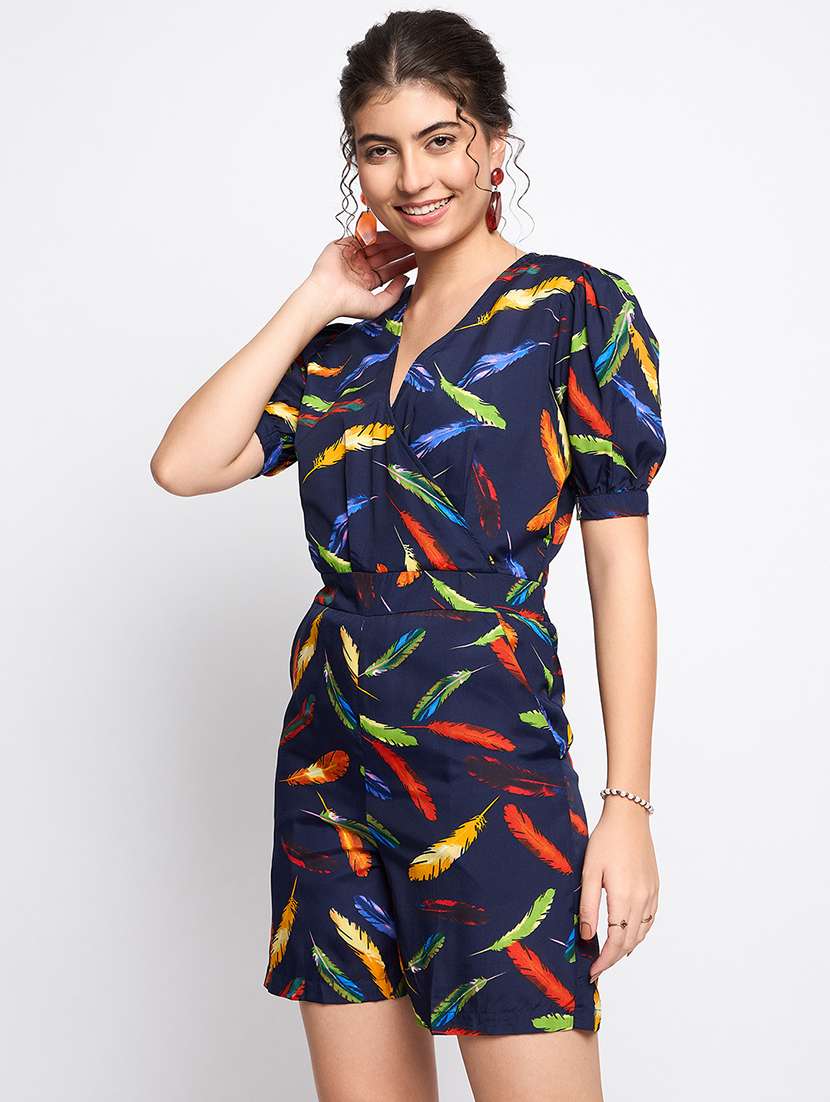 women printed puff sleeves romper