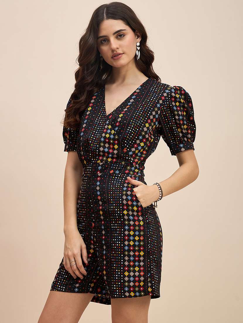 women printed puff sleeves romper