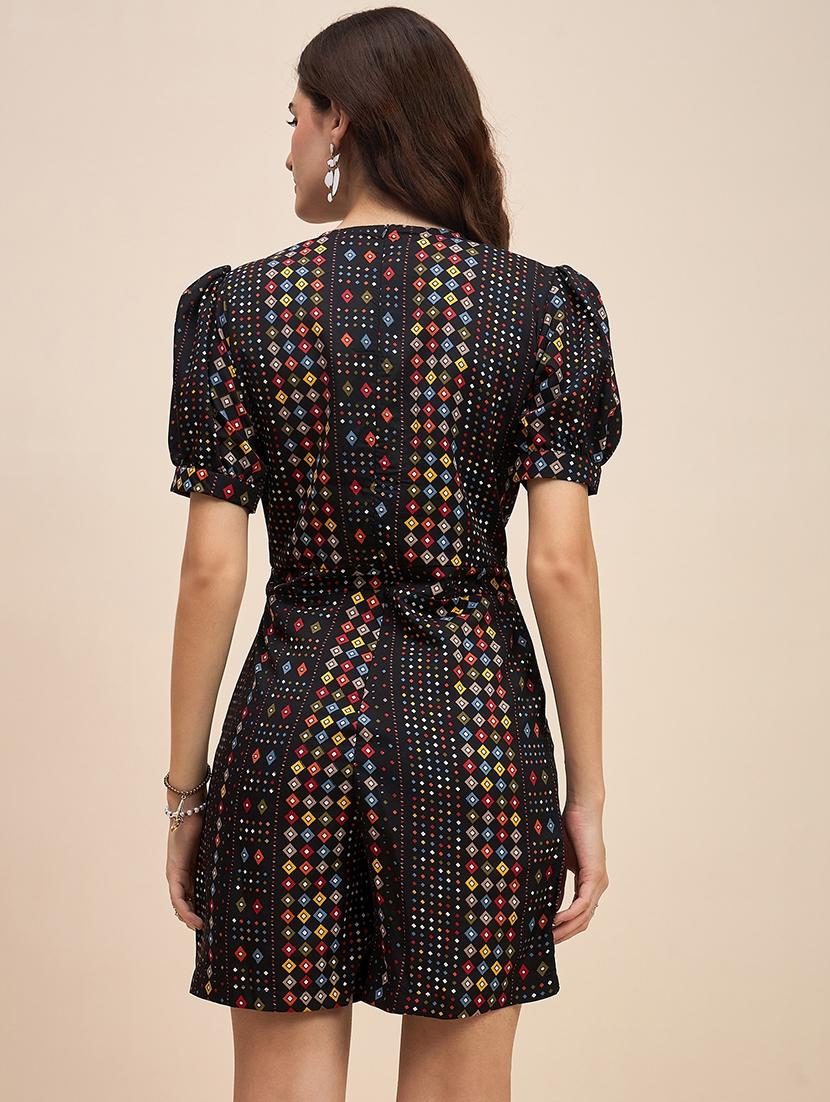 women printed puff sleeves romper - 21740477 - Standard Image - 1