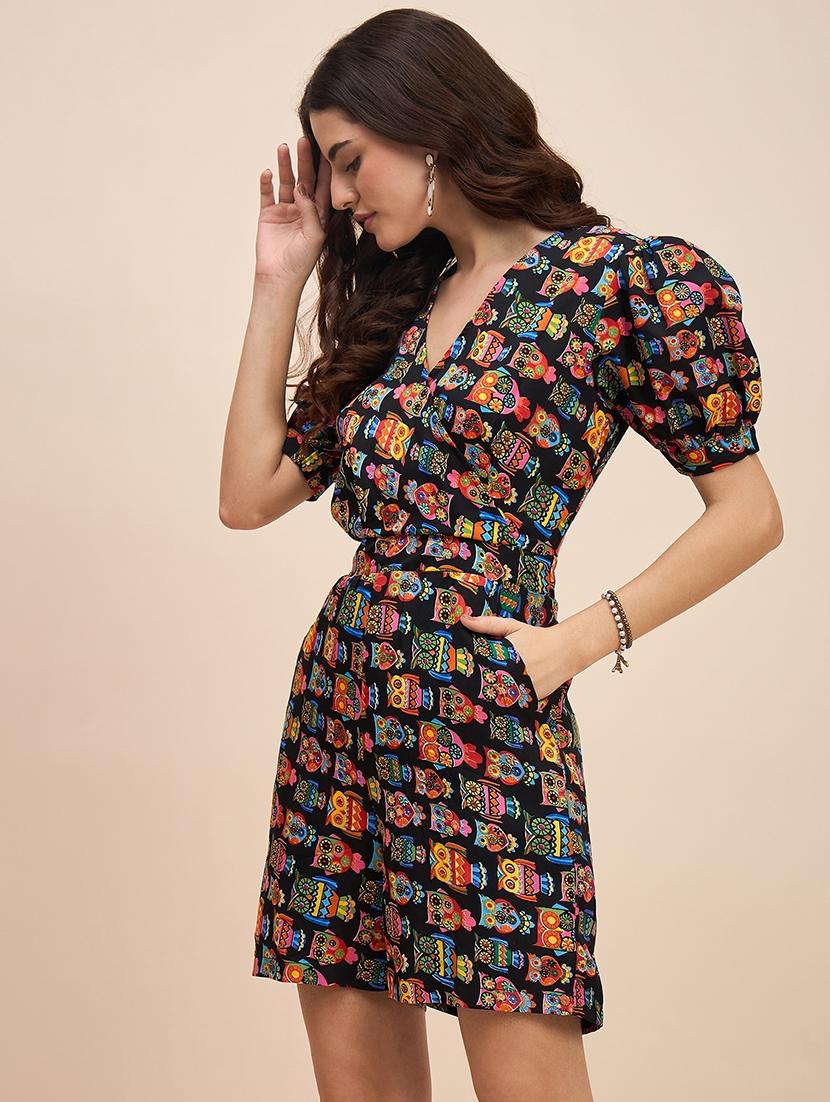 women printed puff sleeves romper - 21740480 -  Zoom Image - 0