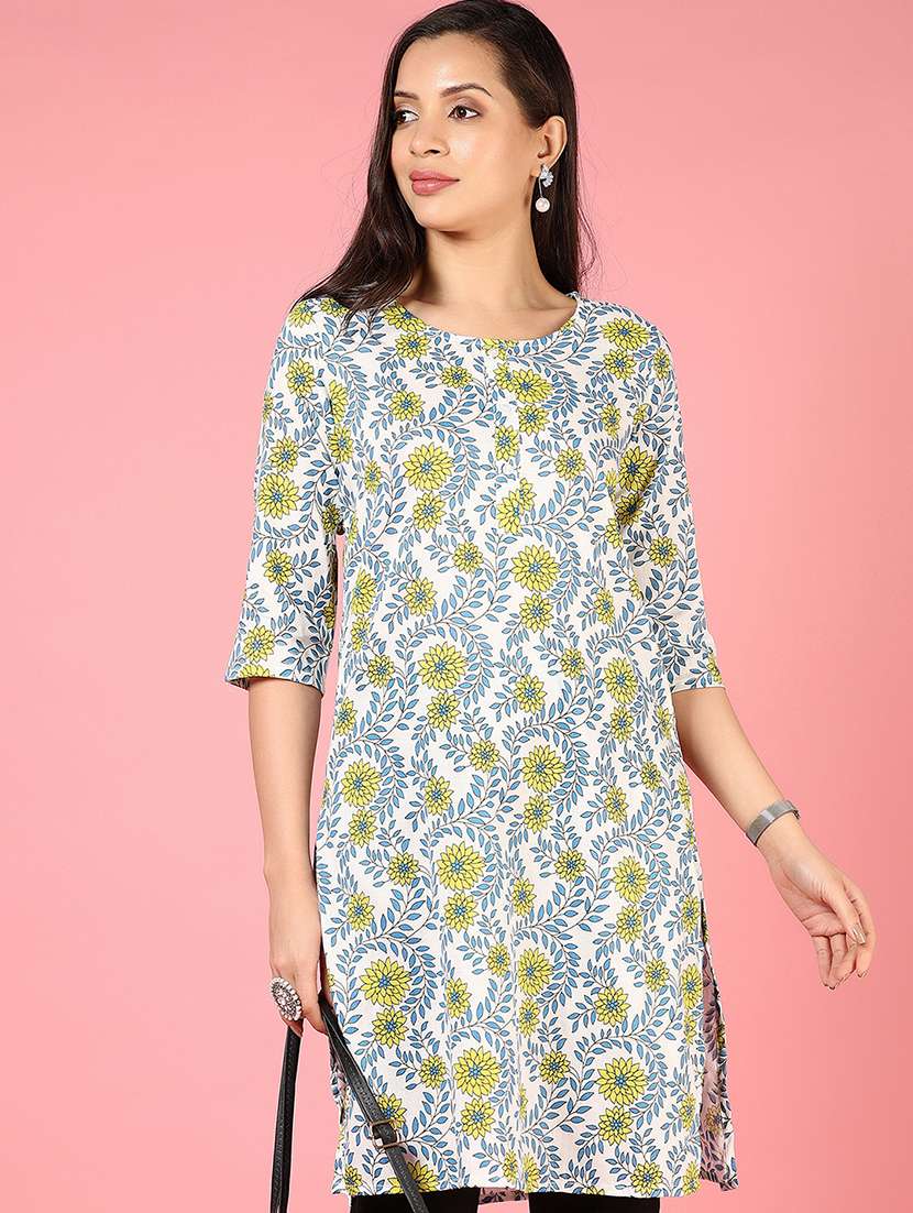 women floral printed three quarter sleeve straight kurta - 21740570 -  Standard Image - 1