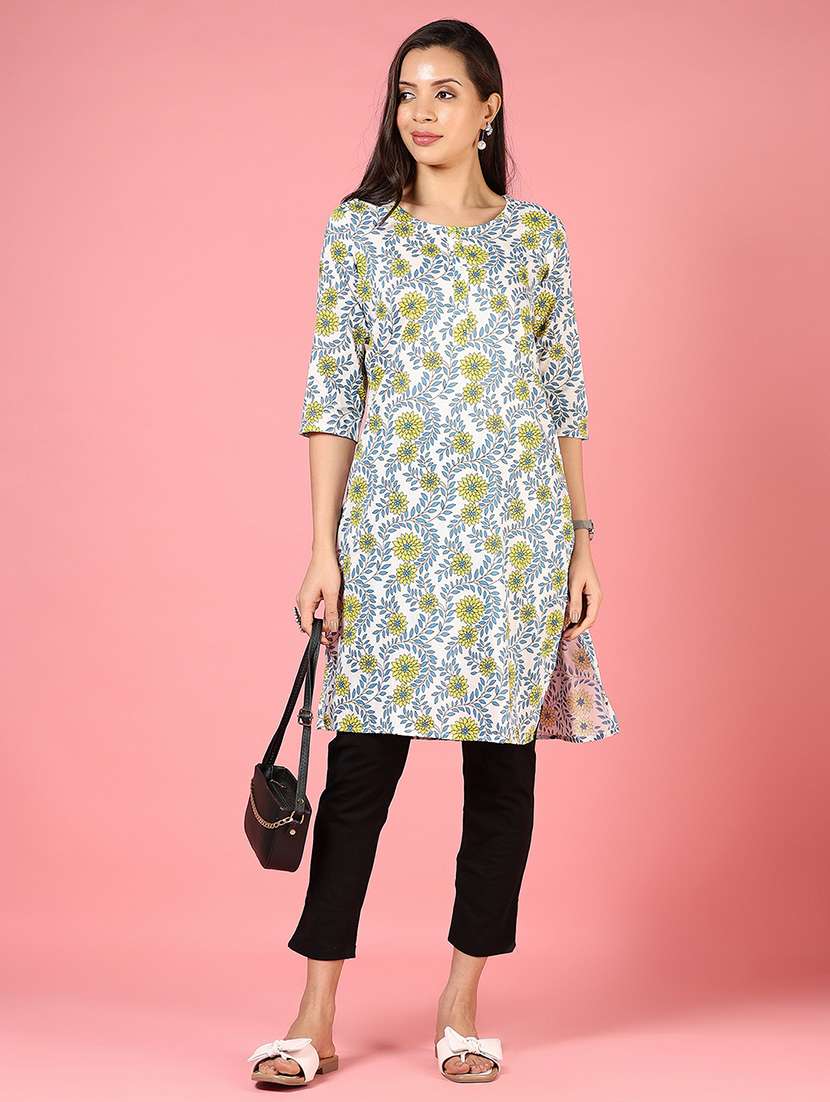 women floral printed three quarter sleeve straight kurta - 21740570 -  Standard Image - 4